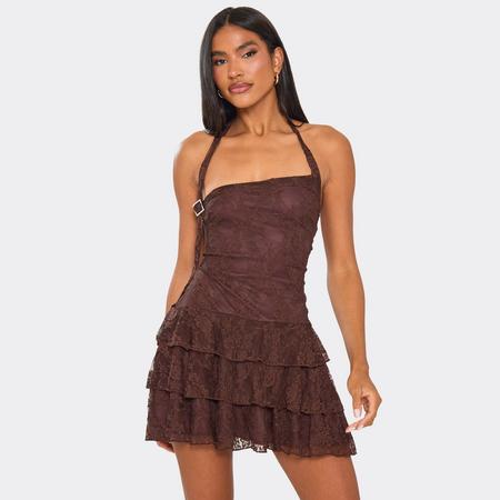 Halterneck Strap Ruffle Detail Mini Dress In Chocolate Brown Lace, Women's Size