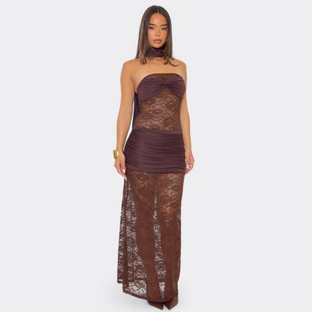 Scarf Detail Twist Bust Contrast Lace Maxi Dress In Chocolate Brown, Women's Size