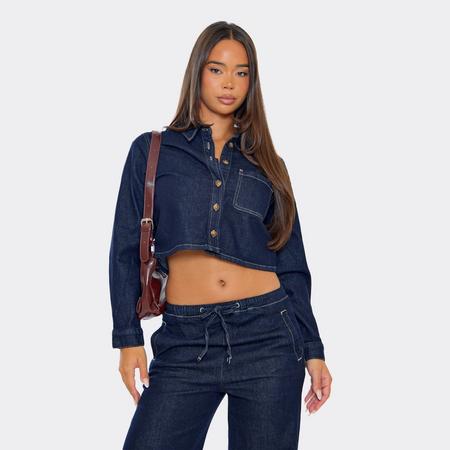 Long Sleeve Button Up Cropped Jacket In Indigo Blue Denim, Women's Size