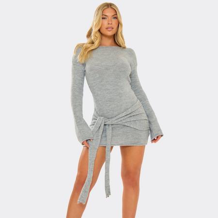 Long Flared Sleeve Drape Detail Mini Bodycon Dress In Grey Knit, Women's Size