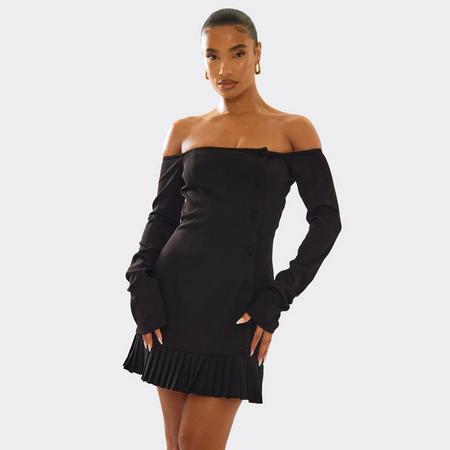 Bardot Long Sleeve Button Front Frill Hem Mini Dress In Black, Women's Size