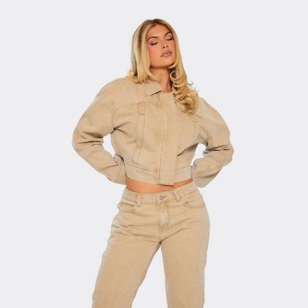 Long Sleeve Collared Oversized Cropped Jacket In Washed Stone Denim, Women's Size