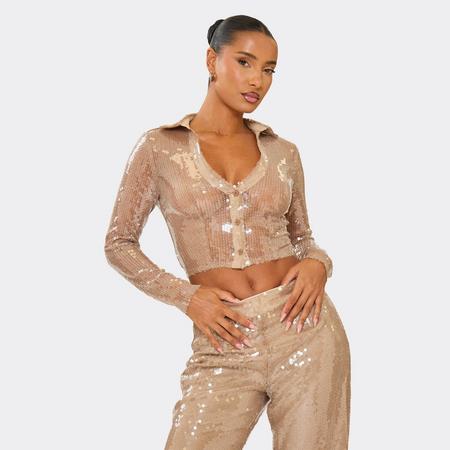 Long Sleeve Plunge Shirt Crop Top In Nude Sequin, Women's Size