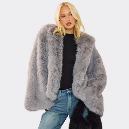 Hooded Oversized Coat In Grey Faux Fur, Women's Size