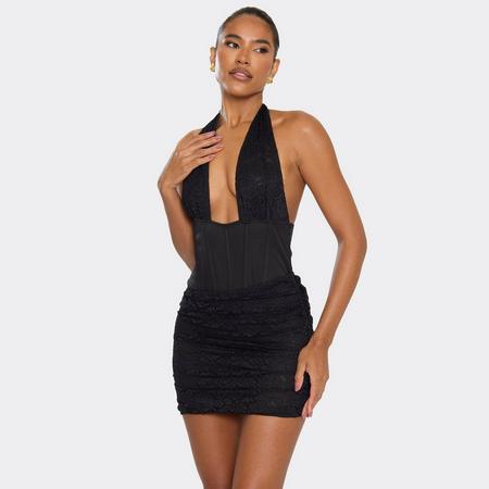 Plunge Neck Corset Detail Mini Dress In Black Lace, Women's Size