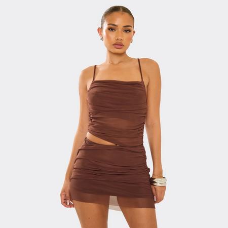 Square Neck Cut Out Ruched Detail Mini Dress In Chocolate Mesh, Women's Size