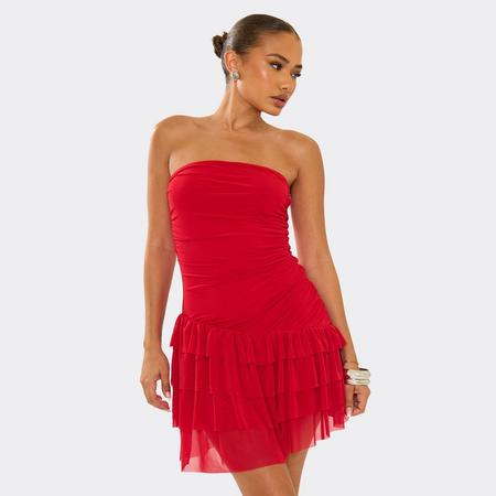 Bandeau Ruffle Detail Mini Dress In Red, Women's Size