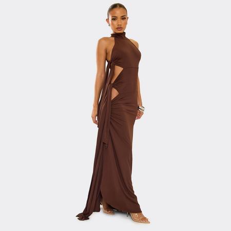 High Neck Cut Out Tide Side Detail Maxi Dress In Chocolate, Women's Size