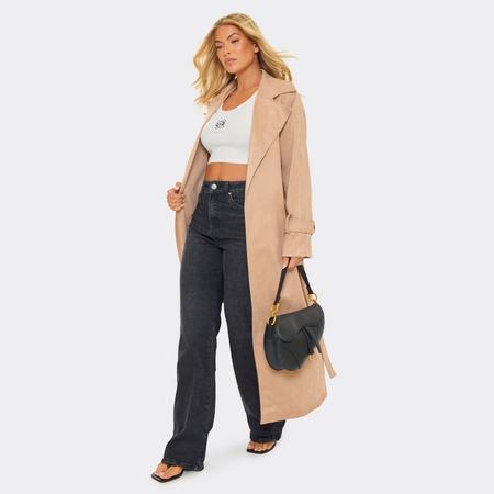 Long Sleeve Longline Trench Coat In Stone Suede, Women's Size