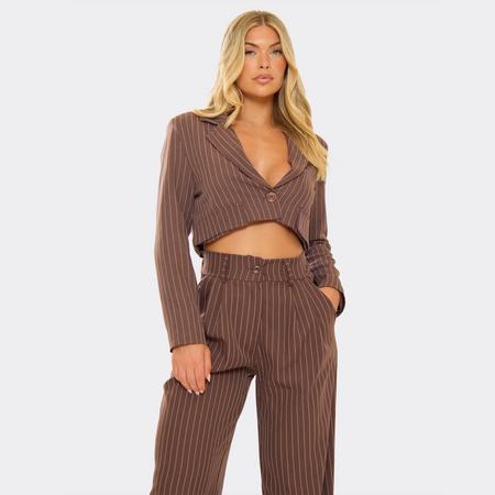 Long Sleeve Cropped Blazer In Brown Pinstripe, Women's Size