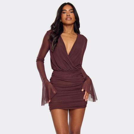 Long Sleeve Plunge Neckline Ruched Detail Mini Dress In Chocolate Brown, Women's Size
