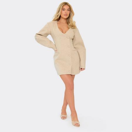 Balloon Sleeve Button Front Wool Look Blazer Dress In Beige, Women's Size
