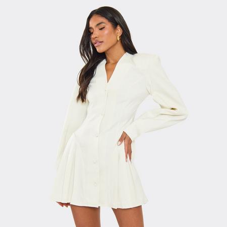 Long Balloon Sleeve Pleated Hem Detail Blazer Dress In Cream, Women's Size