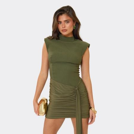 High Neck Drape Detail Structured Mini Dress In Khaki, Women's Size