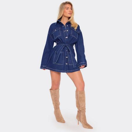 Long Sleeve Tie Waist Detail Jacket Dress In Mid Blue Denim, Women's Size