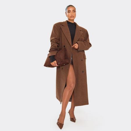 Oversized Textured Wool Look Maxi Coat In Chocolate Brown, Women's Size