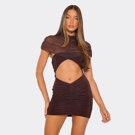 High Neck Mesh Overley Cut Out Ruched Detail Mini Dress In Chocolate Brown, Women's Size