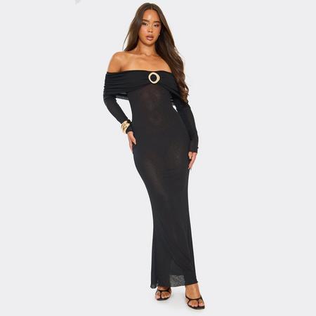 Bardot Long Sleeve Fold Over Trim Detail Maxi Dress In Black, Women's Size
