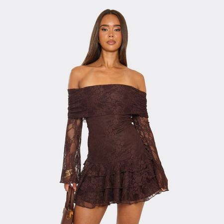 Long Sleeve Bardot Fold Over Ruffle Mini Dress In Chocolate Brown Lace, Women's Size