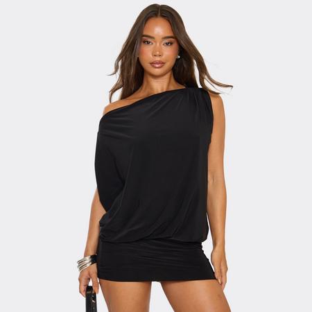 Off The Shoulder Draped Asymmetric Mini Dress In Black Slinky , Women's Size