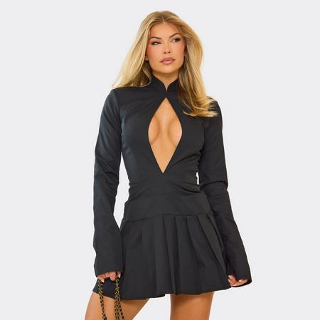 Long Sleeve Keyhole Cut Out Pleated Hem Tailored Mini Dress In Black, Women's Size