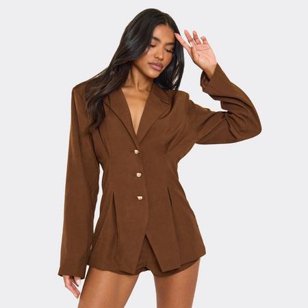 Long Sleeve Pleat Detail Button Front Blazer Playsuit In Chocolate Brown, Women's Size