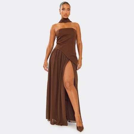 Scarf Bandeau Contrast Pleated Hem Detail Maxi Dress In Chocolate Brown, Women's Size