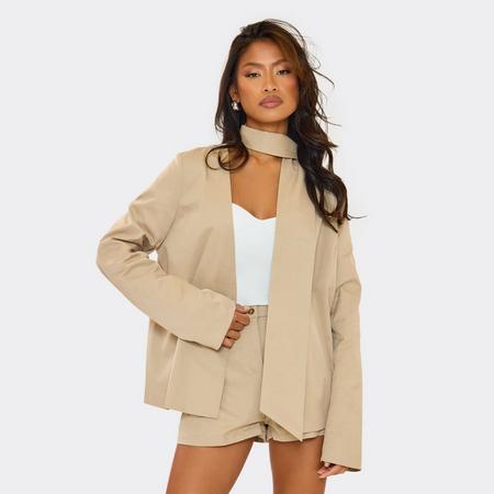 Neck Tie Detail Oversized Open Blazer In Stone, Women's Size