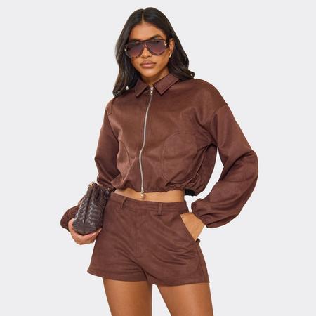 Long Sleeve Zip Through Collar Neck Bomber Jacket In Brown Faux Suede, Women's Size