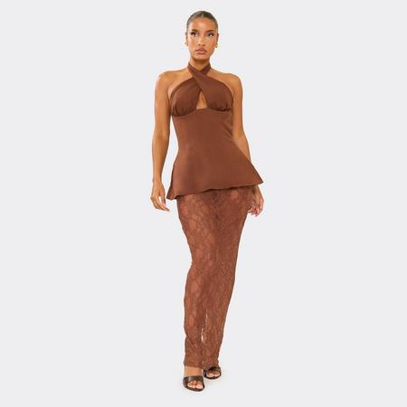 Crossover Neck Peplum Contrast Lace Maxi Dress In Brown, Women's Size