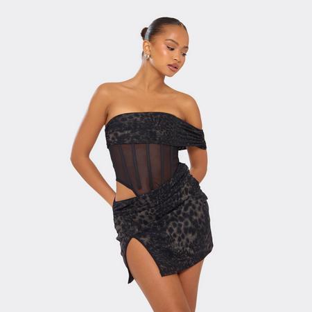 Bardot One Sleeve Mesh Panel Detail Mini Dress In Black Leopard Print, Women's Size