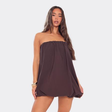Bandeau Puffball Detail Mini Dress In Chocolate Brown, Women's Size