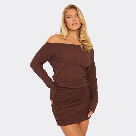 Off The Shoulder Draped Detail Mini Dress In Chocolate Brown Textured, Women's Size