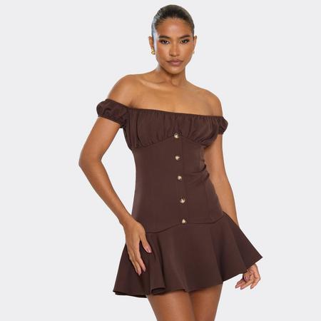 Bardot Button Detail Skater Mini Dress In Chocolate Brown, Women's Size