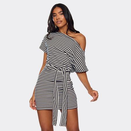 Off The Shoulder Belt Detail Mini Dress In Black Stripe, Women's Size