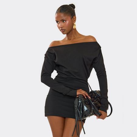 Off The Shoulder Long Sleeve Ruched Detail Bodycon Mini Dress In Black, Women's Size