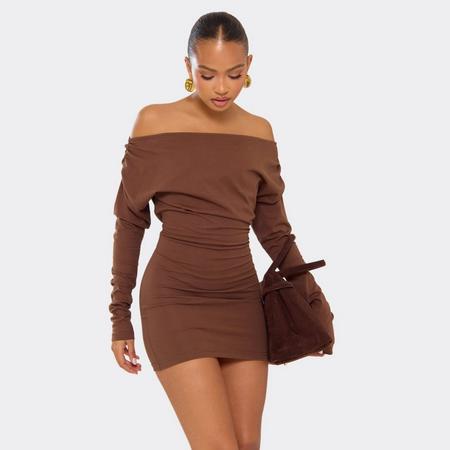 Off The Shoulder Long Sleeve Ruched Detail Bodycon Mini Dress In Chocolate Brown, Women's Size