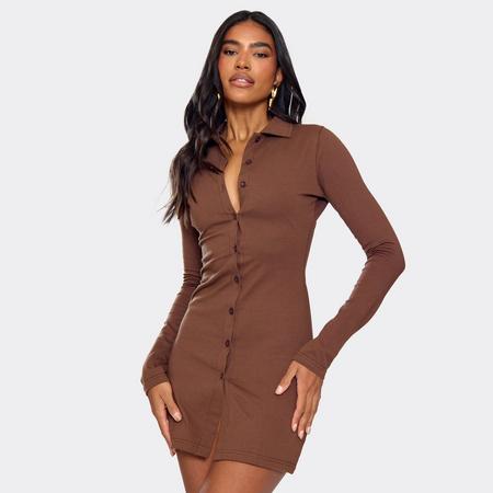 Long Sleeve Button Front Collared Detail Shirt Dress In Chocolate Brown, Women's Size