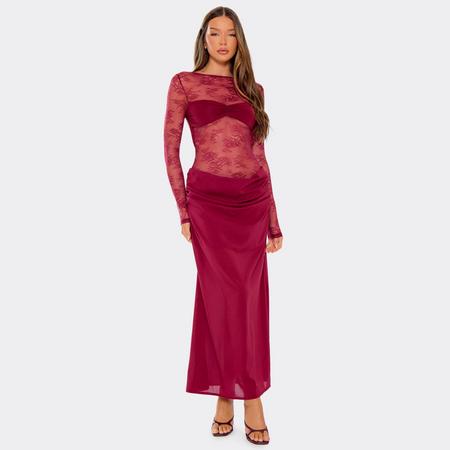 Long Sleeve Contrast Lace Twist Bust Detail Maxi Dress In Burgundy, Women's Size