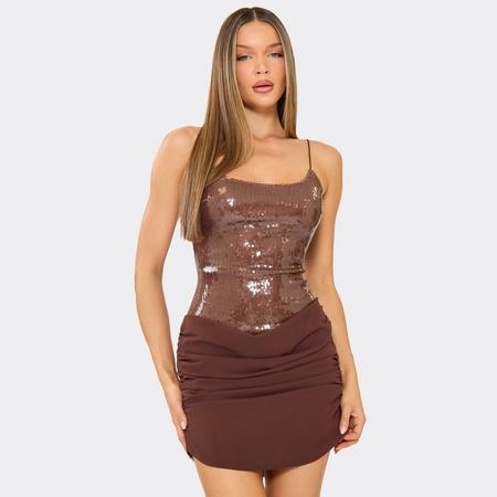 Strappy Scoop Neck Contrast Ruched Hem Mini Dress In Brown Sequin, Women's Size