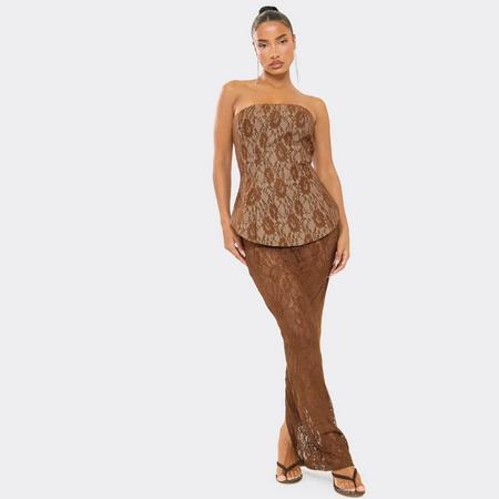 Bandeau Peplum Contrast Lace Maxi Dress In Brown Lace, Women's Size