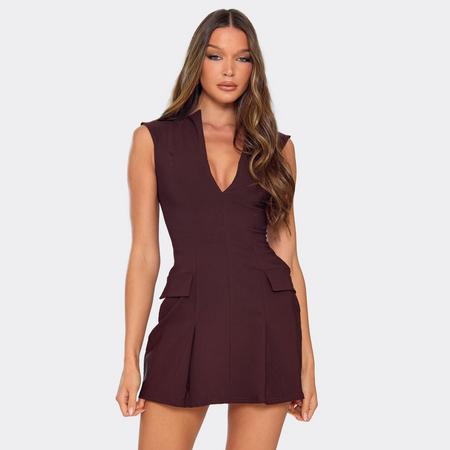 Plunge Pocket Pleat Detail A Line Mini Dress In Chocolate Brown Bengaline, Women's Size