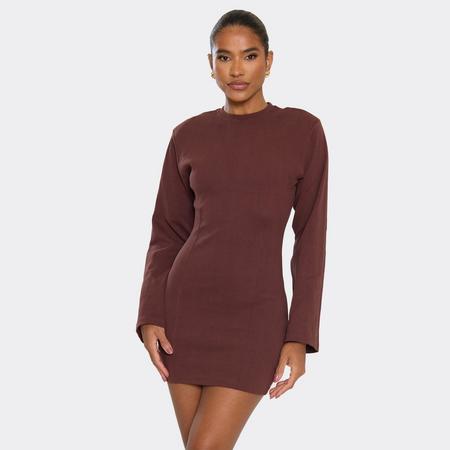 Long Sleeve Shoulder Pad Ced Waist Detail Mini Dress In Chocolate Brown, Women's Size