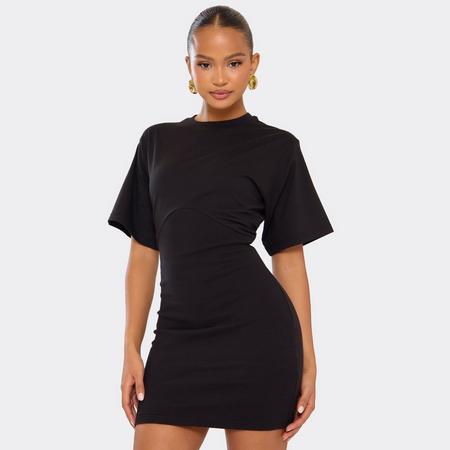Short Sleeve Ced Waist Underbust Seam Detail Shirt Dress In Black, Women's Size