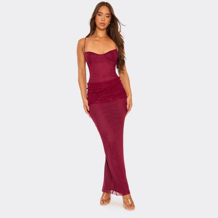 Strappy Cupped Contrast Lace Draped Panel Detail Maxi Dress In Burgundy, Women's Size