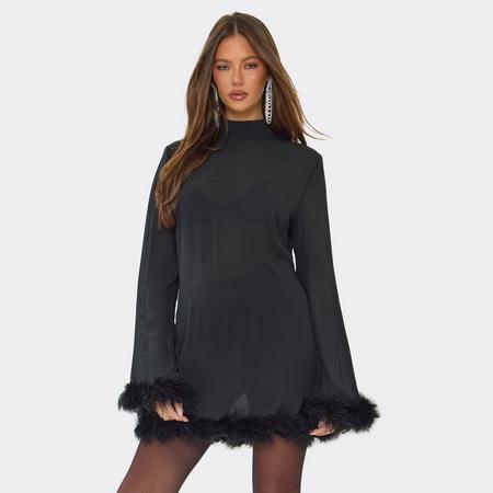 High Neck Long Sleeve Feather Trim Detail A-Line Mini Dress In Black, Women's Size