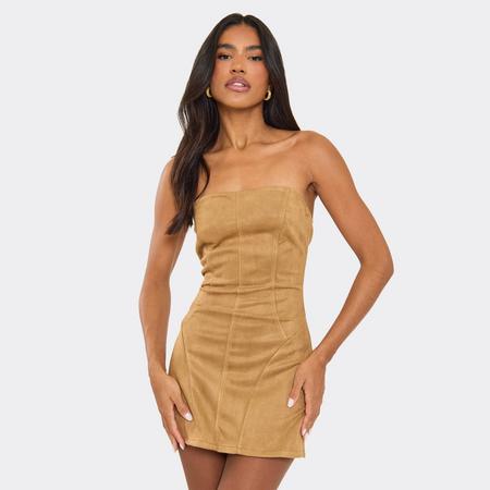 Bandeau Seam Detail Mini Dress In Tan Faux Suede, Women's Size