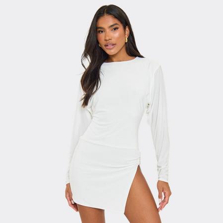 Long Batwing Sleeve Side Split Mini Dress In White, Women's Size