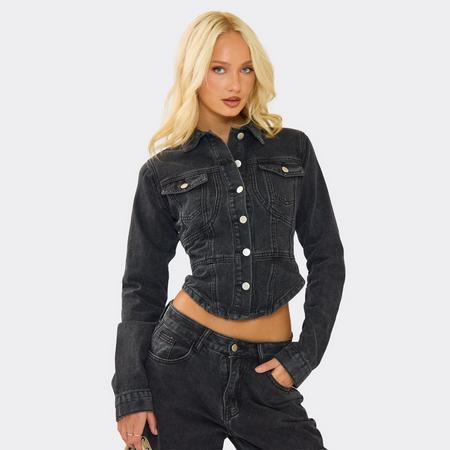 Ced Waist Curved Hem Button Down Jacket In Black Denim, Women's Size