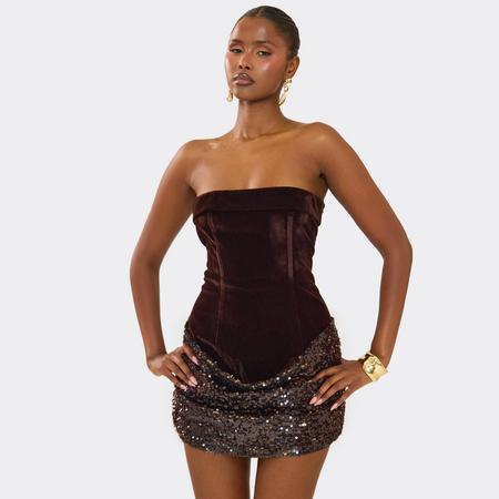 Bandeau Sequin Contrast Detail Mini Dress In Brown Velvet, Women's Size